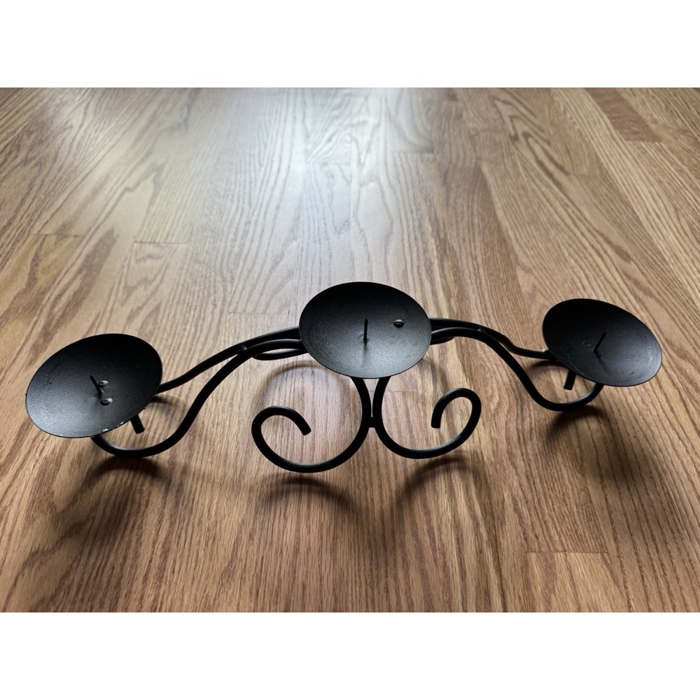 Matte Black Scroll Metal Triple Pillar Candle Holder/Centerpiece 18" Mantel